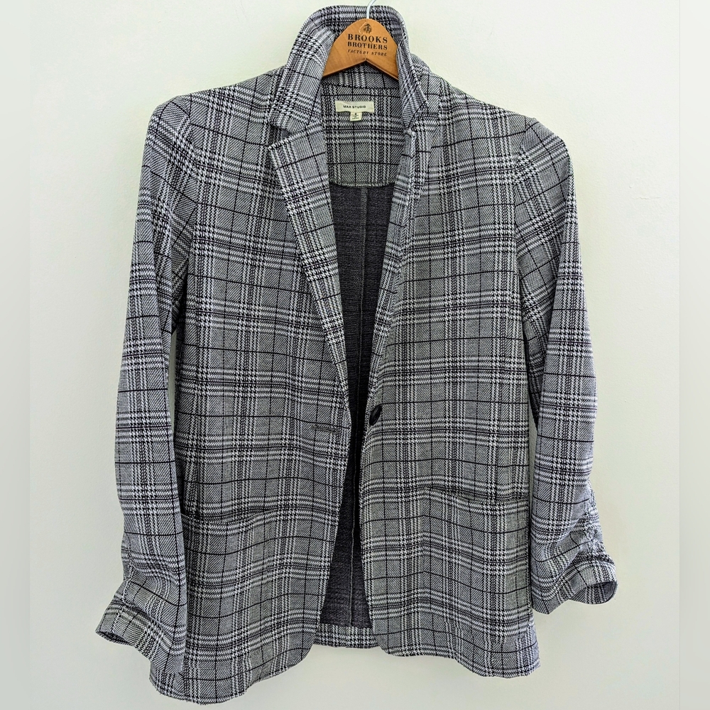 MAX STUDIO Checked Blazer Jacket Y2K Black White Houndstooth Unlined WOMENS S/M